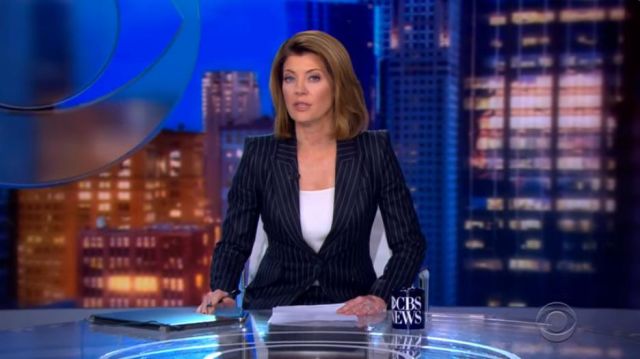 Alexander mcqueen navy pin­stripe one but­ton jack­et worn by Norah O'Donnell on CBS Evening News October 24, 2019