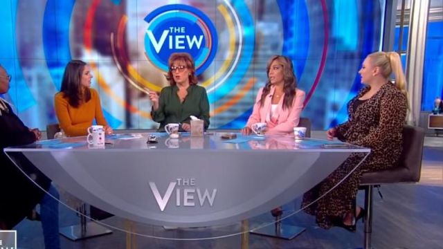 Michael Kors leop­ard geor­gette wrap dress worn by Meghan McCain on The View October 24, 2019