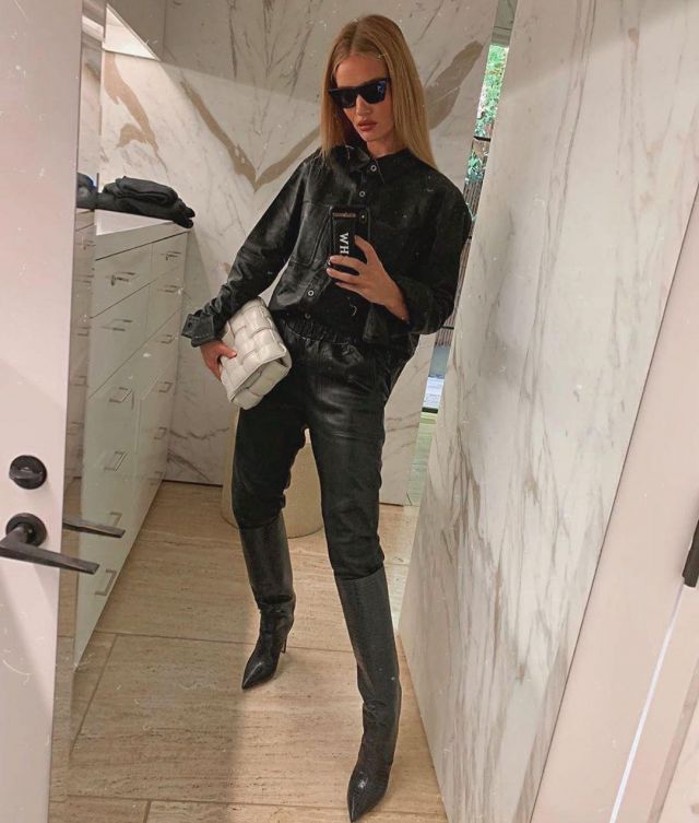 Jimmy Choo Mavis Black Smooth Leather Knee High Boot worn by Rosie Huntington-Whiteley Instagram October 22, 2019