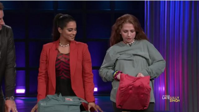 Michelle mason red stretch-crepe blaz­er worn by Lilly Singh on A Little Late with Lilly Singh October 24, 2019