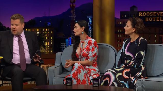 Proenza Schouler Blue and Red Floral-Splatter-Print Georgette V-Neck Dress worn by Demi Moore on The Late Late Show with James Corden October 24, 2019