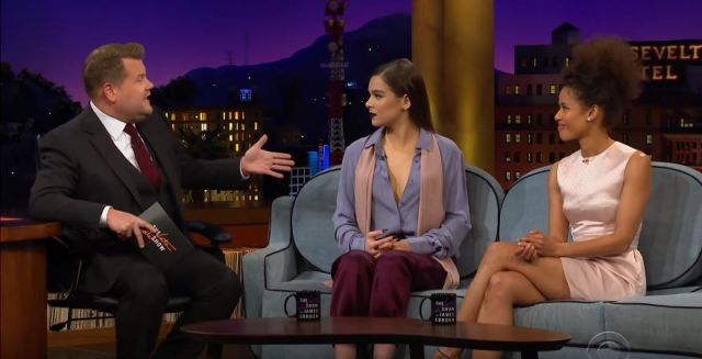 Tom Ford Blue silk button-up blouse worn by Hailee Steinfeld on The Late Late Show with James Corden October 30, 2019