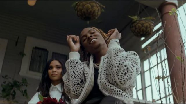 Saint Laurent Pat­terned Shear­ling White Bomber Jack­et worn by Rich the Kid in the YouTube video Rich The Kid - Woah ft. Miguel, Ty Dolla $ign