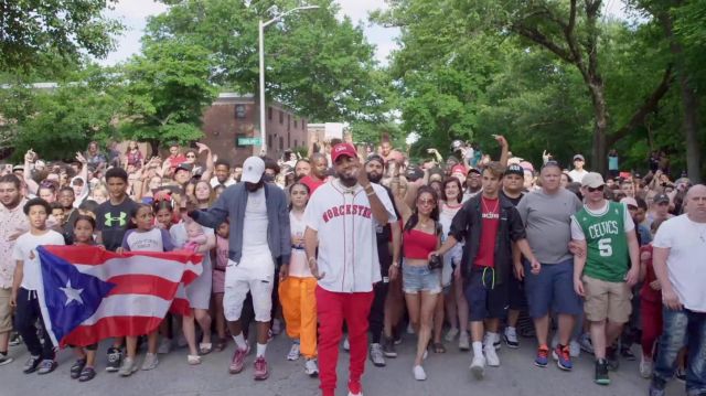 Majestic Athletic White Worcester Baseball Jersey of Joyner Lucas in the YouTube video Joyner Lucas - Broke and Stupid (ADHD)