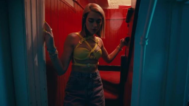 Versace Bondage Yellow Bra Top worn by Dua Lipa in her Don't Start Now Official Music Video
