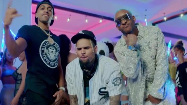 Mitchell & Ness White Sox Jersey worn by Chris Brown in the  video  Eric Bellinger - Type A Way (ft. Chris Brown & OG Parker) [Official Music  Video]