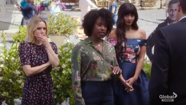 L'agence Long-Sleeve Chee­tah & Flo­ral Blouse worn by Simone Garnett (Kirby Howell-Baptiste) in The Good Place Season 04 Episode 06