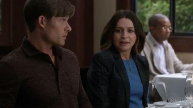 Tommy Hilfiger Navy Plaid Blazer worn by Dr. Amelia Shepherd (Caterina Scorsone) in Grey's Anatomy Season 16 Episode 06