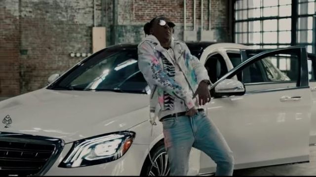 Amiri Graf­fi­ti Print White Leather Jack­et worn by Rich the Kid his Racks Today Official Music Video