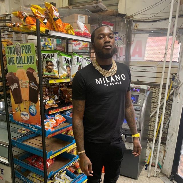 Amiri Leather Un­der­patch Black Jeans of Meek Mill on the Instagram account @meekmill