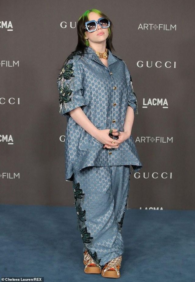 Gucci Icon custom made shirt and pants in blue worn by Billie Eilish at ...