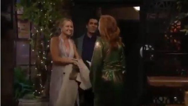 Black Halo Den­ley Vel­vet Hal­ter Jump­suit worn by Sharon Collins (Sharon Case) as seen on The Young and the Restless November 5, 2019