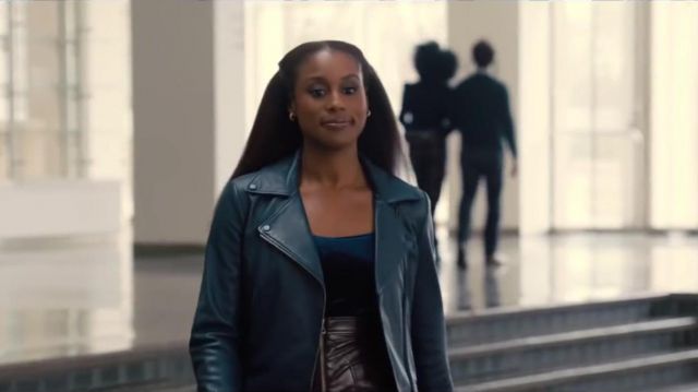 Dark Blue Faux Leather Jacket worn by Mae (Issa Rae) in The Photograph