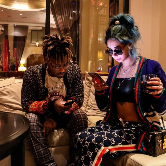 Gucci Wool Cardi­gan With Patch­es worn by a friend of Juici WRLG on the Instagram account @juicewrld999