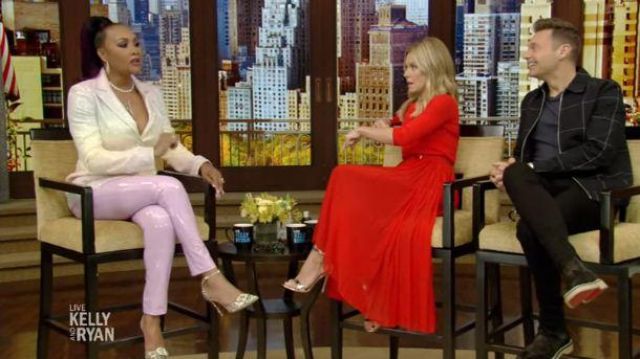 Tabitha Simmons Jew­eled Em­bell­ished Heels worn by Vivica A. Fox on LIVE with Kelly and Ryan November 6, 2019