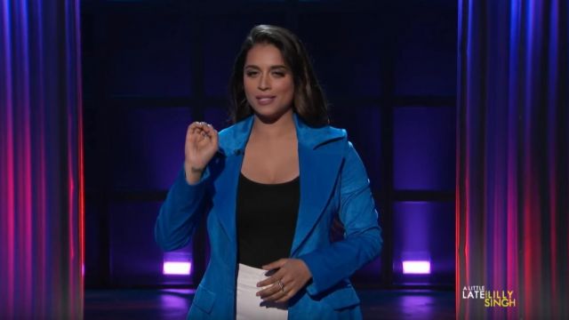 Rosie Assoulin Lapel Cor­duroy Blaz­er worn by Lilly Singh on A Little Late with Lilly Singh November 7, 2019