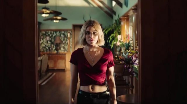 Red crop top worn by Melanie (Lucy Hale) in Fantasy Island