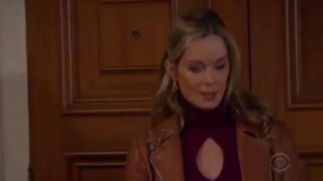 Aqua Leather Mo­to Jack­et worn by Donna Logan (Jennifer Gareis) as seen on The Bold and the Beautiful November 11, 2019