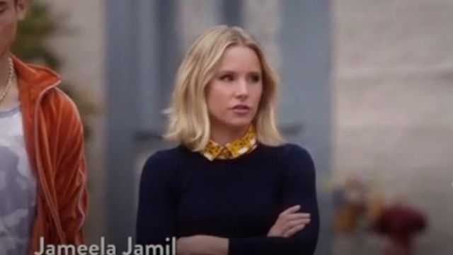 J.Crew Navy Long-sleeve everyday cashmere crewneck sweater worn by Eleanor Shellstrop (Kristen Bell) in The Good Place Season 4 Episode 8