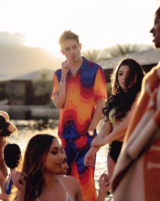 Or­ange Camp-Col­lar Print­ed Voile Shirt of G-Eazy on the instagram account @g_eazy