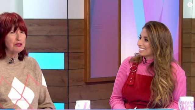 Red herring Red Brick Cor­duroy Pin­ny Mi­ni Dress worn by Stacey Solomon on Loose Women November 12, 2019
