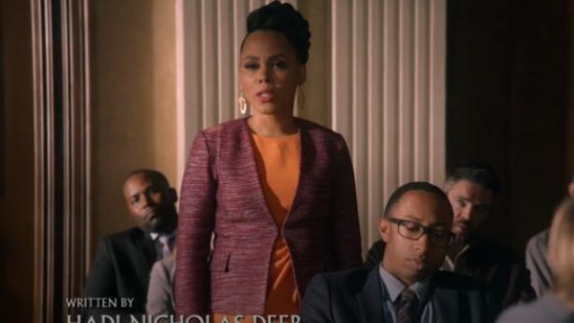 Saint-Jean Pourpre Col en V Plongeant Ombre Ruban Veste en Tweed porté par Tegan Prix (Amirah Vann) dans la Façon de s'en tirer avec Assassiner Saison 6 Épisode 8