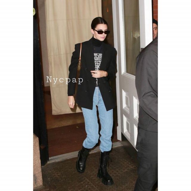 Prada 55mm Lace Up Zip Pouch Plat­form Mo­to Boots worn by Kendall Jenner New York City November 17, 2019
