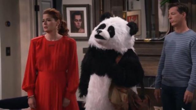 Fendi Red Pleat­ed Dress worn by Grace Adler (Debra Messing) in Will & Grace Season03 Episode05