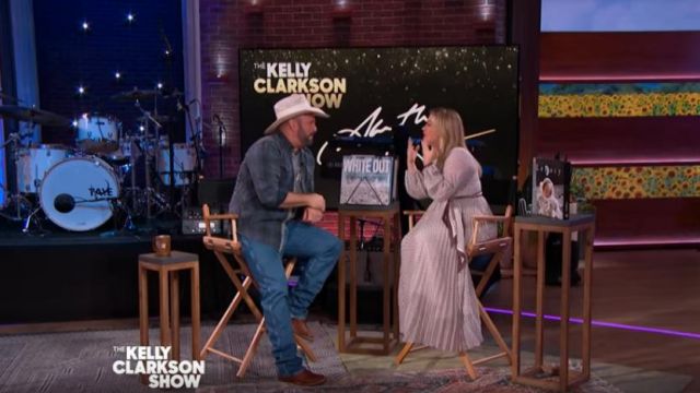 Zimmermann Sun­ray pleat­ed pol­ka-dot chif­fon dress worn by Kelly Clarkson on The Kelly Clarkson Show November 25, 2019