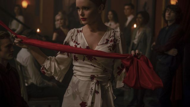 Red and white floral Lupercalia dress worn by Dorcas (Abigail Cowen) in Chilling Adventures of Sabrina (S01E04)