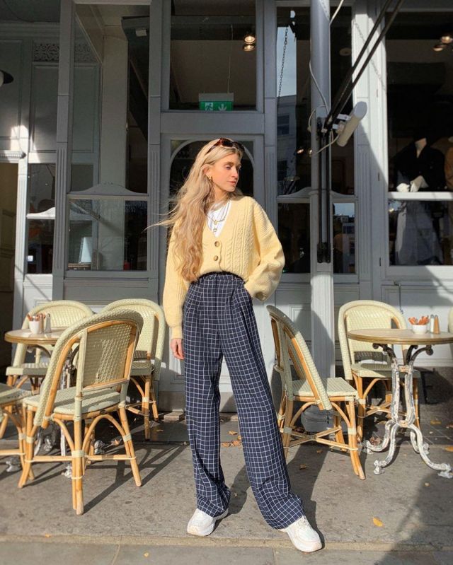Navy Grid Checked Puddle Trousers of  Olivia Frost on the Instagram account @oliviabynature