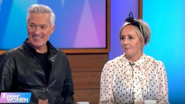 Mango White Bow polka-dot blouse worn by Shirley Kemp on Loose Women November 27, 2019