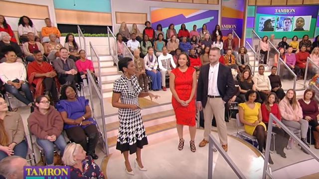 Alexander McQueen White and Black Houndstooth Fit-&-Flare Silk Midi Dress worn by Tamron Hall on The Tamron Hall Show November 27, 2019
