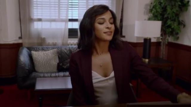 Reiss Maroon Lissia Jacket Textured Single Breasted Blazer worn by Edie Palmer (Megalyn Echikunwoke) in Almost Family Season 1 Episode 6