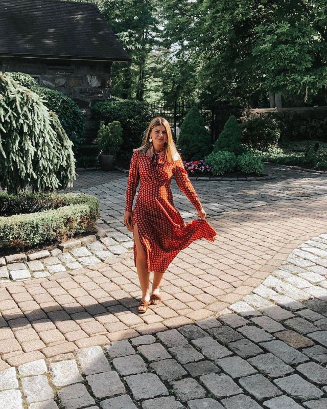 Red Print Midi Dress of Gaby Coburn on the Instagram account @gabycoburn