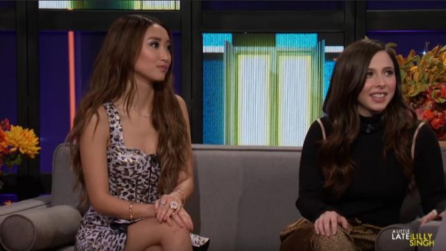 Jonathan Simkhai Leop­ard Lamé Busti­er Cock­tail Dress worn by Brenda Song on A Little Late with Lilly Singh November 28, 2019