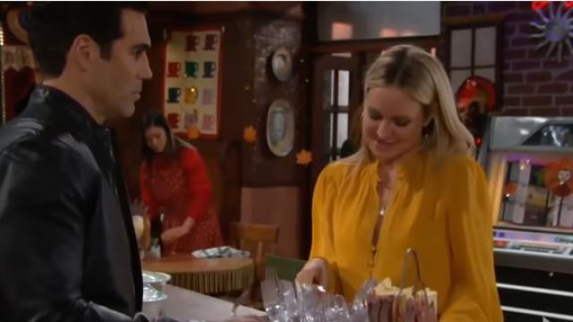 Jonathan Simkhai Yel­low Ruf­fled Blouse worn by Sharon Collins (Sharon Case) as seen on The Young and the Restless November 28, 2019