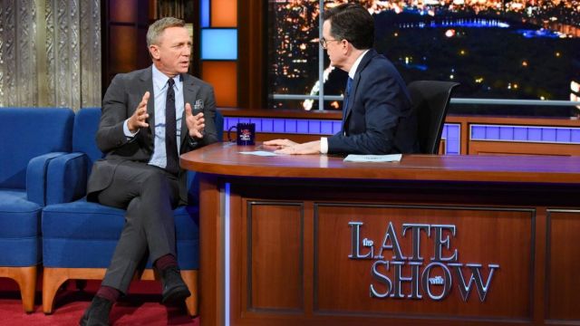 Dunhill grey suits worn by Daniel Craig at The Late Show with Stephen Colbert November 22, 2019
