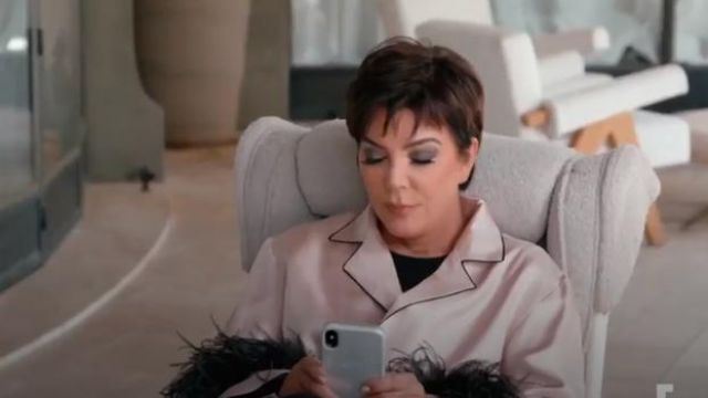 Prada Pink Feather-embellished silk-twill robe worn by Kris Jenner in Keeping Up with the Kardashians Season 17 Episode 10