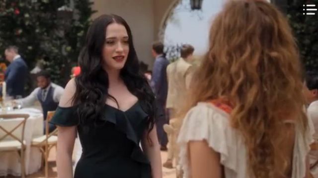 Bhldn Green Ruf­fled Gown worn by Jules Wiley (Kat Dennings) in Dollface Season01 Episode10