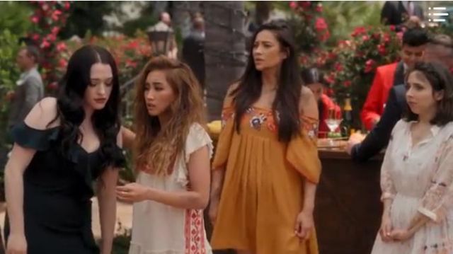 Madewell Or­ange Em­broi­dered Mi­ni Dress worn by Stella Cole (Shay Mitchell) in Dollface Season01 Episode10