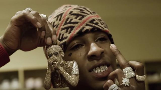 Fendi Brown FF pattern intarsia knit beanie of YoungBoy Never Broke Again in the music video nba youngboy - Bring 'Em Out (Official Video)