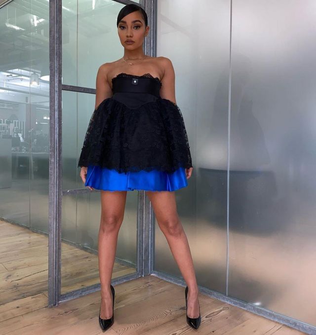 Christopher Kane Cup­cake Tiered Satin And Lace Mi­ni Dress of Leigh-Anne Pinnock on the Instagram account @leighannepinnock December 3, 2019