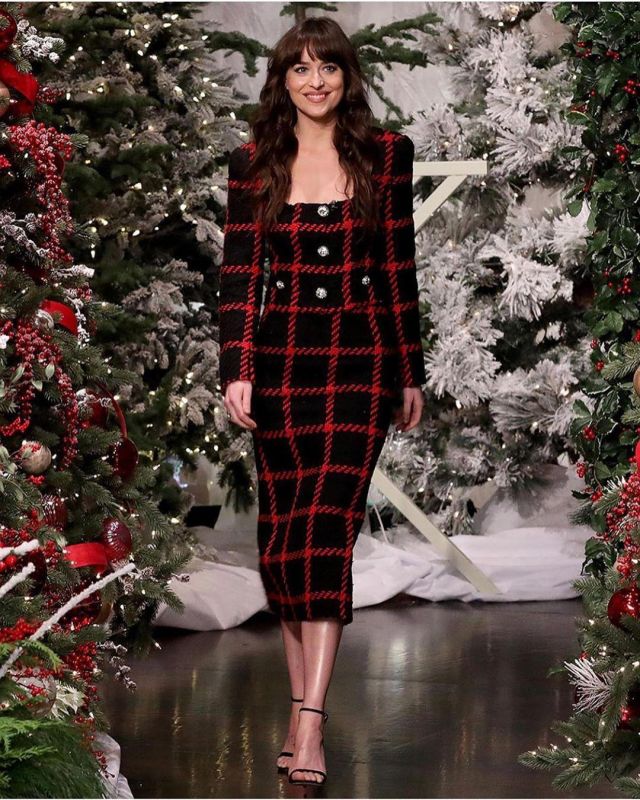 Alessandra Rich Plaid Cropped Jack­et of Dakota Johnson on the Instagram account @dakotajohnson November 28, 2019