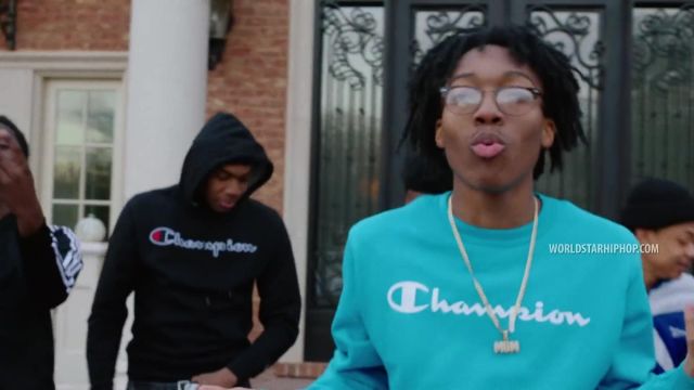 Champion Script Logo Fleece Tidal Blue Sweatshirt worn by Lil Tecca in his Did it Again (WSHH Exclusive - Official Music Video)