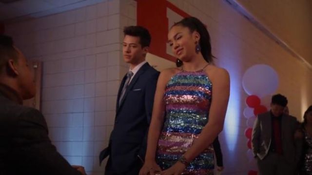 Aidan Mattox Sequined Stripe Dress worn by Gina (Sofia Wylie) in High School Musical: The Musical: The Series Season 1 Episode 5