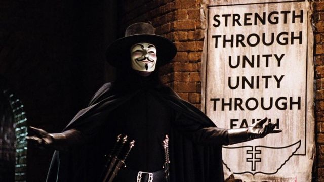 The shows Strength Trough Unity, Unity Trough Faith of V (Hugo Weaving) in V for Vendetta