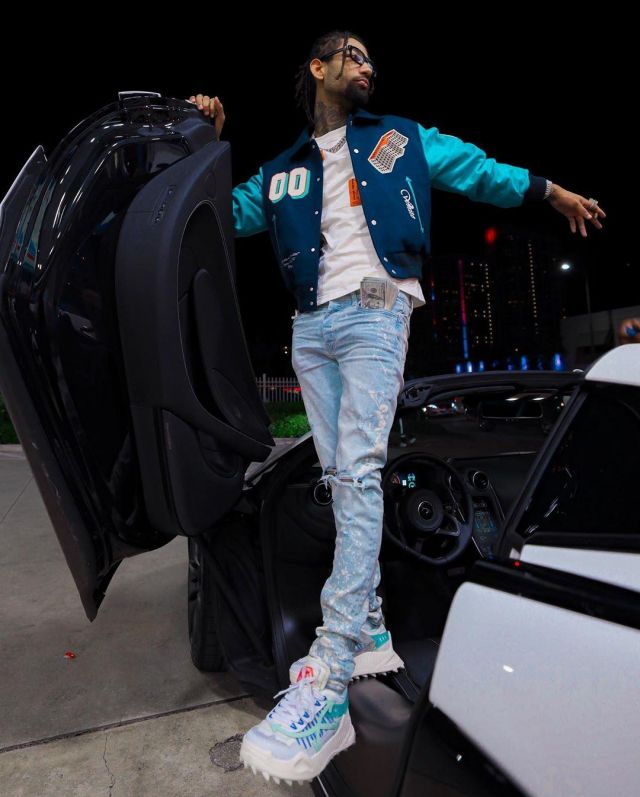 Off-white Blue Colour-block Bomber Jack­et of PnB Rock on the Instagram account @pnbrock