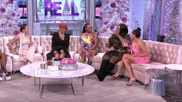 C/meo Pink One-shoul­der Ruf­fle Dress worn by Adrienne Bailon on The Real December 9, 2019
