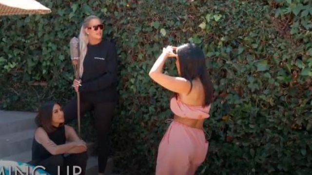 Staud Pink Coconut high-rise shorts worn by Kourtney Kardashian in Keeping Up with the Kardashians Season 17 Episode 11